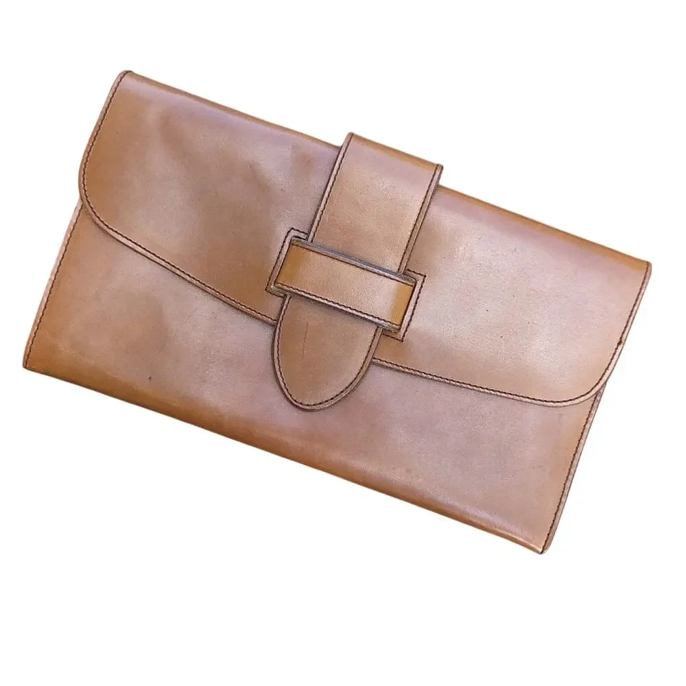 Camel Brown Leather Envelope Clutch Hand Strap Minimalist Quiet Luxury Bag